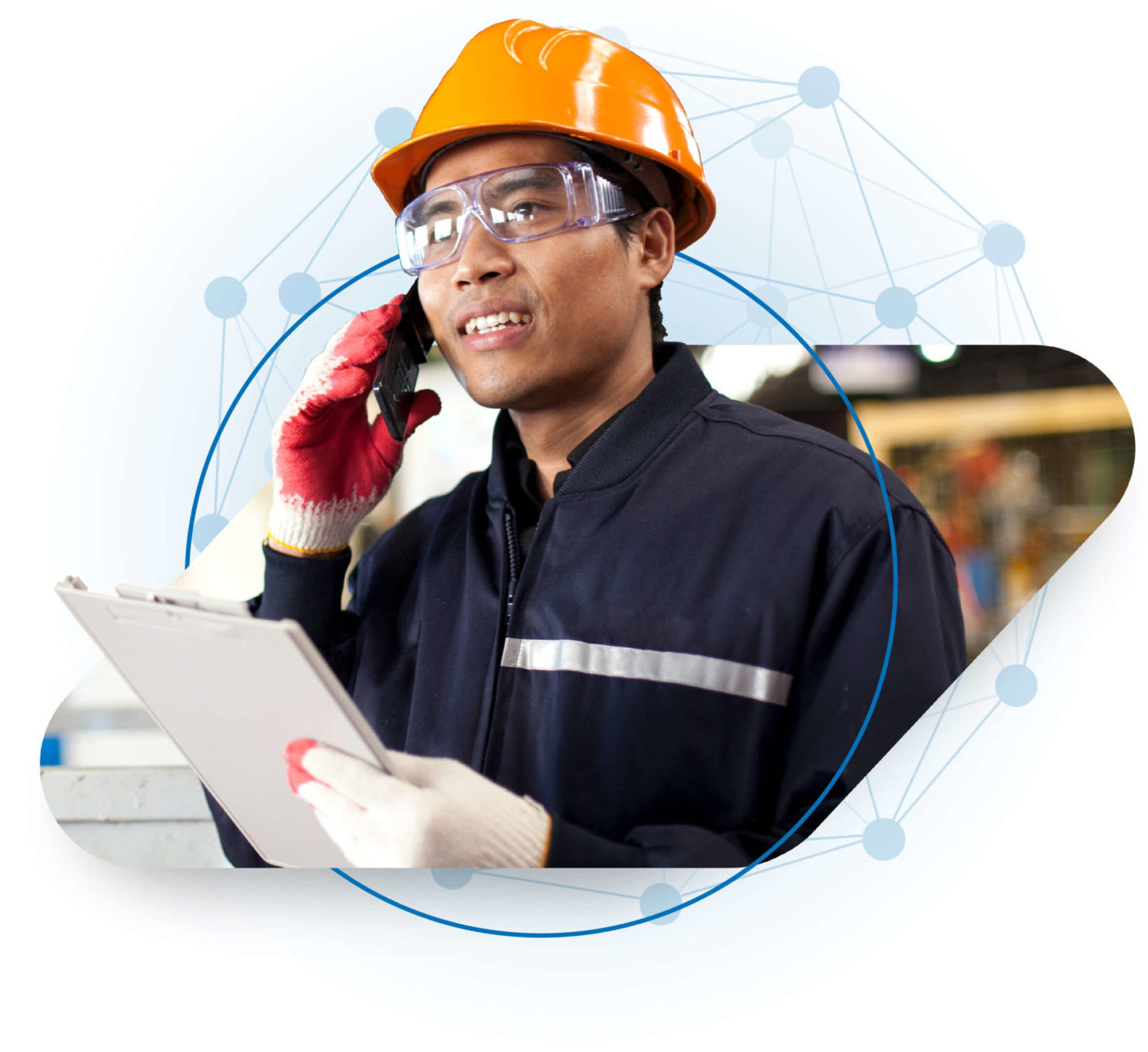 Hardhat worker on phone wearing gloves